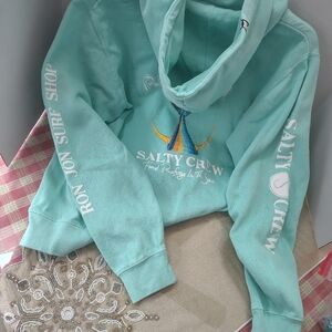 Ron Jon Surf Shop Salty Crew Tuna Printed Turquoise Aqua Hoodie Womens M EUC W3